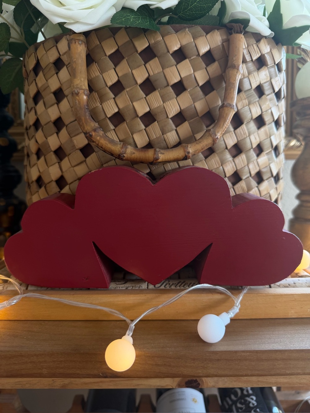 Rustic Wooden Heart Candle Holder Farmhouse Red Shelf Decor Cottagecore Decor
